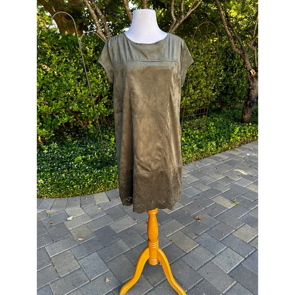 Free W/Purchase Y2k Shift Dress Faux Suede Green Fall Winter Laser Eyelet detail - Picture 2 of 10